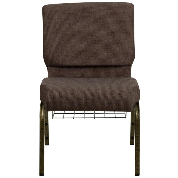 Flash Furniture HERCULES Series 21''W Church Chair in Brown Fabric with Cup Book Rack - Gold Vein Frame - FD-CH0221-4-GV-S0819-BAS-GG