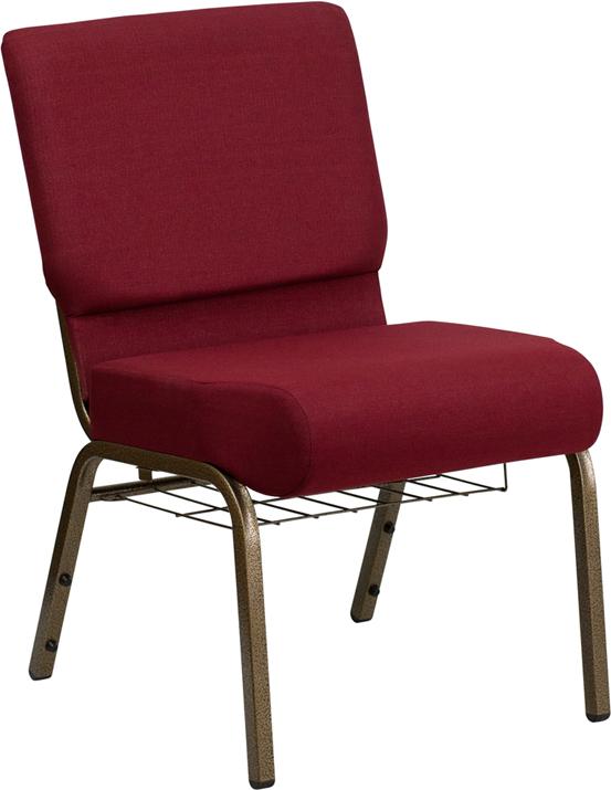 Flash Furniture HERCULES Series 21''W Church Chair in Burgundy Fabric with Cup Book Rack - Gold Vein Frame - FD-CH0221-4-GV-3169-BAS-GG