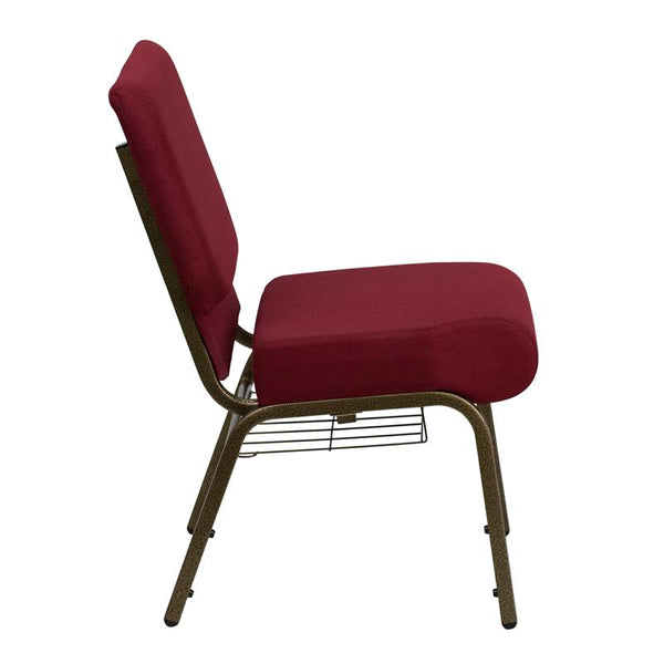 Flash Furniture HERCULES Series 21''W Church Chair in Burgundy Fabric with Cup Book Rack - Gold Vein Frame - FD-CH0221-4-GV-3169-BAS-GG