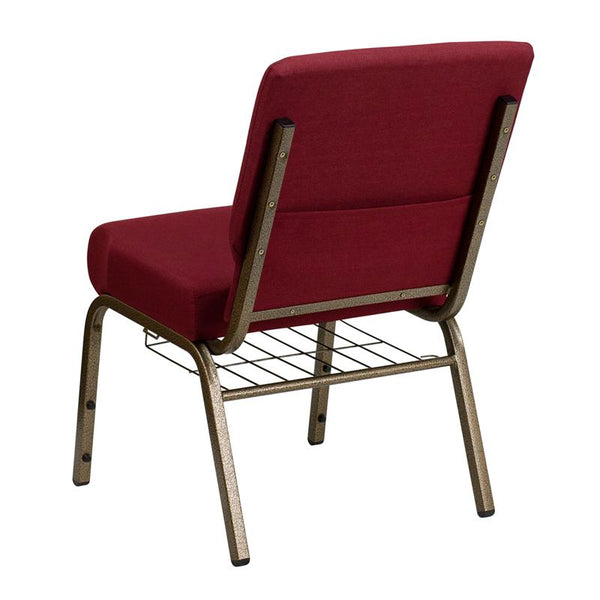 Flash Furniture HERCULES Series 21''W Church Chair in Burgundy Fabric with Cup Book Rack - Gold Vein Frame - FD-CH0221-4-GV-3169-BAS-GG