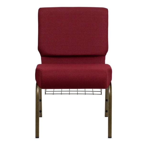 Flash Furniture HERCULES Series 21''W Church Chair in Burgundy Fabric with Cup Book Rack - Gold Vein Frame - FD-CH0221-4-GV-3169-BAS-GG