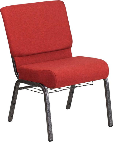 Flash Furniture HERCULES Series 21''W Church Chair in Crimson Fabric with Cup Book Rack - Silver Vein Frame - FD-CH0221-4-SV-RED-BAS-GG