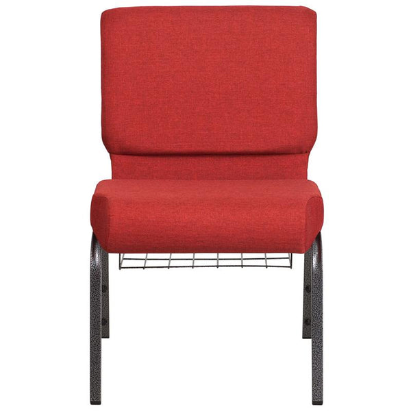 Flash Furniture HERCULES Series 21''W Church Chair in Crimson Fabric with Cup Book Rack - Silver Vein Frame - FD-CH0221-4-SV-RED-BAS-GG