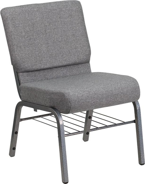 Flash Furniture HERCULES Series 21''W Church Chair in Gray Fabric with Book Rack - Silver Vein Frame - XU-CH0221-GY-SV-BAS-GG