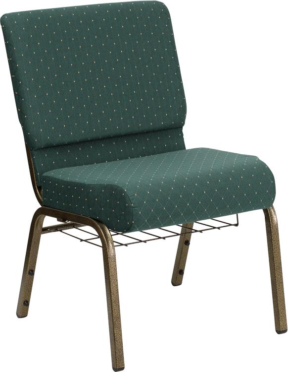 Flash Furniture HERCULES Series 21''W Church Chair in Hunter Green Dot Patterned Fabric with Book Rack - Gold Vein Frame - FD-CH0221-4-GV-S0808-BAS-GG