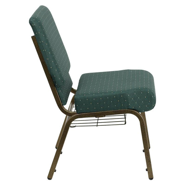 Flash Furniture HERCULES Series 21''W Church Chair in Hunter Green Dot Patterned Fabric with Book Rack - Gold Vein Frame - FD-CH0221-4-GV-S0808-BAS-GG