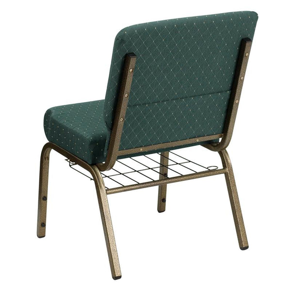 Flash Furniture HERCULES Series 21''W Church Chair in Hunter Green Dot Patterned Fabric with Book Rack - Gold Vein Frame - FD-CH0221-4-GV-S0808-BAS-GG