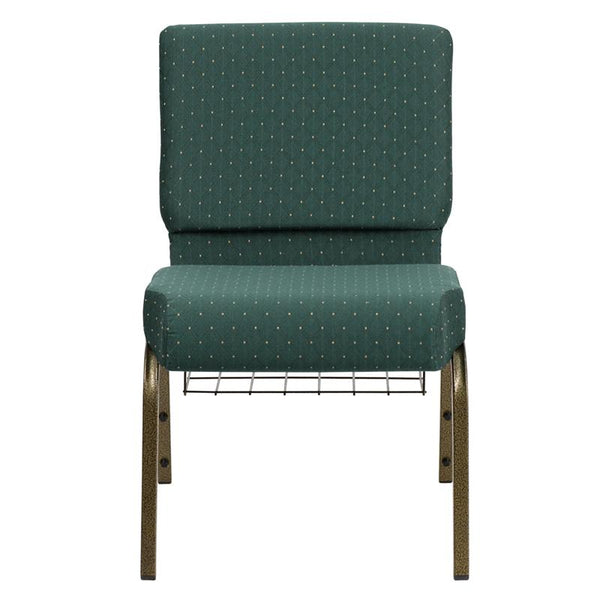 Flash Furniture HERCULES Series 21''W Church Chair in Hunter Green Dot Patterned Fabric with Book Rack - Gold Vein Frame - FD-CH0221-4-GV-S0808-BAS-GG