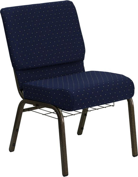 Flash Furniture HERCULES Series 21''W Church Chair in Navy Blue Dot Patterned Fabric with Book Rack - Gold Vein Frame - FD-CH0221-4-GV-S0810-BAS-GG