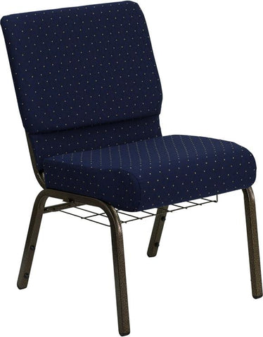 Flash Furniture HERCULES Series 21''W Church Chair in Navy Blue Dot Patterned Fabric with Book Rack - Gold Vein Frame - FD-CH0221-4-GV-S0810-BAS-GG