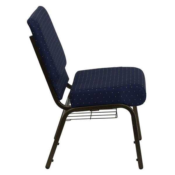 Flash Furniture HERCULES Series 21''W Church Chair in Navy Blue Dot Patterned Fabric with Book Rack - Gold Vein Frame - FD-CH0221-4-GV-S0810-BAS-GG