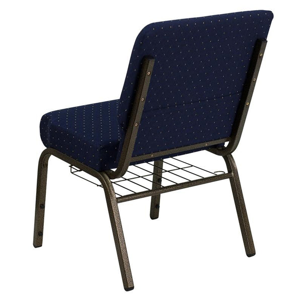 Flash Furniture HERCULES Series 21''W Church Chair in Navy Blue Dot Patterned Fabric with Book Rack - Gold Vein Frame - FD-CH0221-4-GV-S0810-BAS-GG