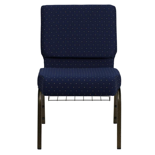 Flash Furniture HERCULES Series 21''W Church Chair in Navy Blue Dot Patterned Fabric with Book Rack - Gold Vein Frame - FD-CH0221-4-GV-S0810-BAS-GG