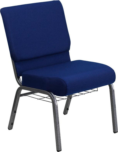 Flash Furniture HERCULES Series 21''W Church Chair in Navy Blue Fabric with Cup Book Rack - Silver Vein Frame - FD-CH0221-4-SV-NB24-BAS-GG