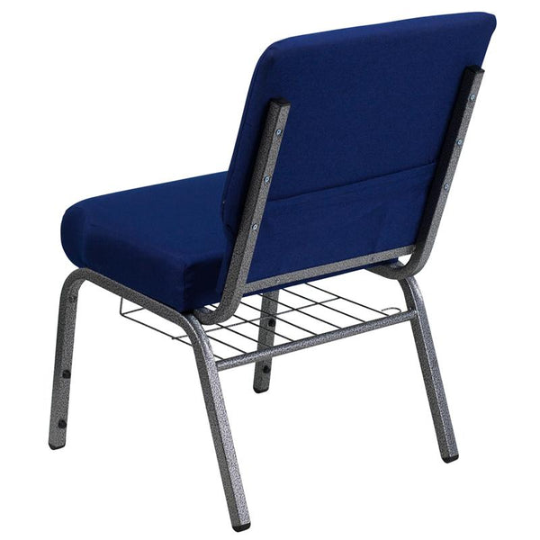 Flash Furniture HERCULES Series 21''W Church Chair in Navy Blue Fabric with Cup Book Rack - Silver Vein Frame - FD-CH0221-4-SV-NB24-BAS-GG