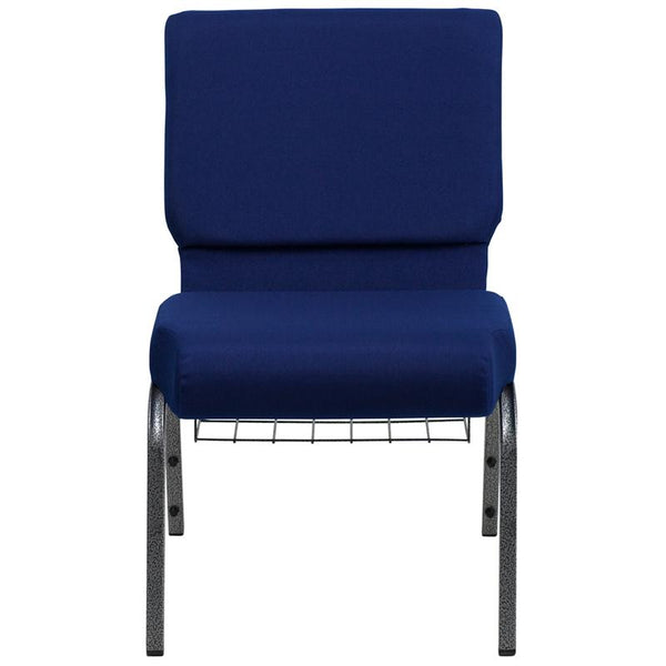 Flash Furniture HERCULES Series 21''W Church Chair in Navy Blue Fabric with Cup Book Rack - Silver Vein Frame - FD-CH0221-4-SV-NB24-BAS-GG