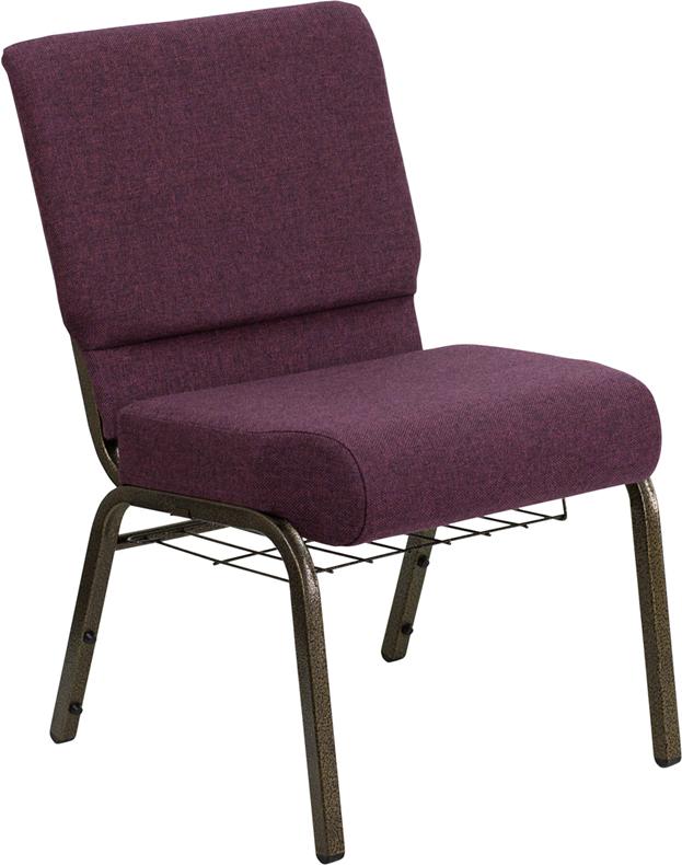 Flash Furniture HERCULES Series 21''W Church Chair in Plum Fabric with Cup Book Rack - Gold Vein Frame - FD-CH0221-4-GV-005-BAS-GG