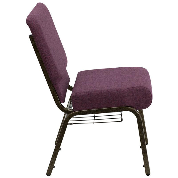 Flash Furniture HERCULES Series 21''W Church Chair in Plum Fabric with Cup Book Rack - Gold Vein Frame - FD-CH0221-4-GV-005-BAS-GG