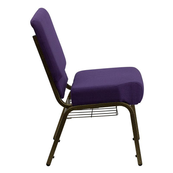 Flash Furniture HERCULES Series 21''W Church Chair in Royal Purple Fabric with Cup Book Rack - Gold Vein Frame - FD-CH0221-4-GV-ROY-BAS-GG