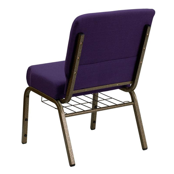 Flash Furniture HERCULES Series 21''W Church Chair in Royal Purple Fabric with Cup Book Rack - Gold Vein Frame - FD-CH0221-4-GV-ROY-BAS-GG