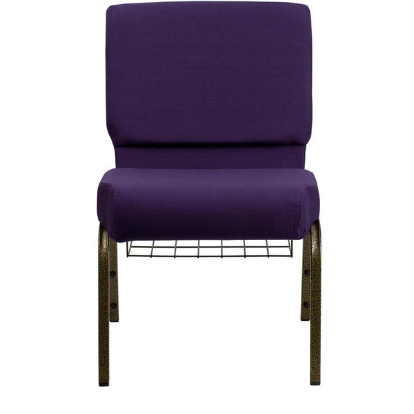 Flash Furniture HERCULES Series 21''W Church Chair in Royal Purple Fabric with Cup Book Rack - Gold Vein Frame - FD-CH0221-4-GV-ROY-BAS-GG