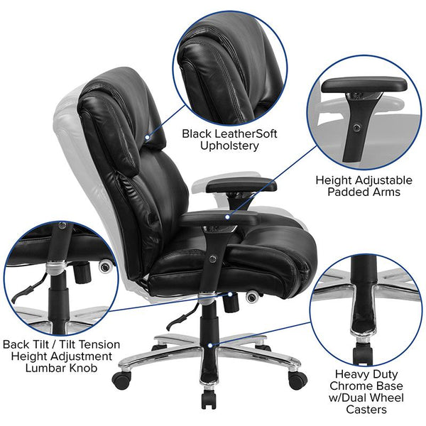 Flash Furniture HERCULES Series 24/7 Intensive Use Big & Tall 400 lb. Rated Black Leather Executive Swivel Chair with Lumbar Knob - GO-2149-LEA-GG