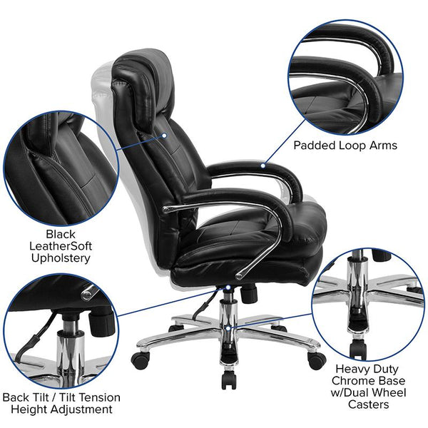 Flash Furniture HERCULES Series 24/7 Intensive Use Big & Tall 500 lb. Rated Black Leather Executive Swivel Chair with Loop Arms - GO-2078-LEA-GG