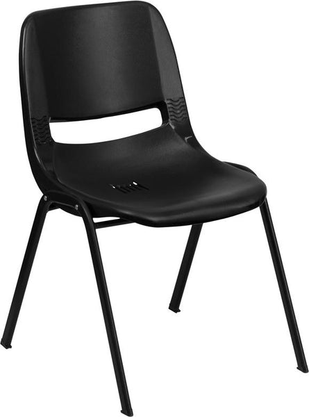 Flash Furniture HERCULES Series 440 lb. Capacity Black Ergonomic Shell Stack Chair with Black Frame and 12'' Seat Height - RUT-12-PDR-BLACK-GG