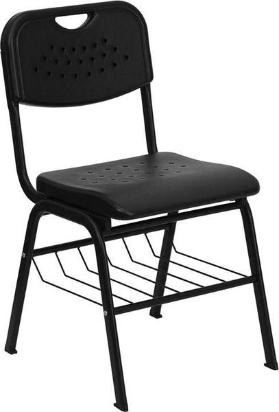 Flash Furniture HERCULES Series 880 lb. Capacity Black Plastic Chair with Black Frame and Book Basket - RUT-GK01-BK-BAS-GG