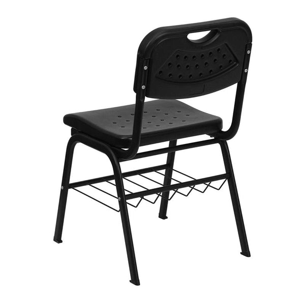 Flash Furniture HERCULES Series 880 lb. Capacity Black Plastic Chair with Black Frame and Book Basket - RUT-GK01-BK-BAS-GG