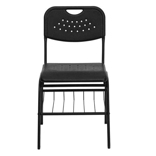 Flash Furniture HERCULES Series 880 lb. Capacity Black Plastic Chair with Black Frame and Book Basket - RUT-GK01-BK-BAS-GG