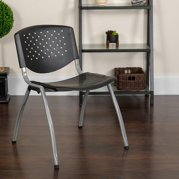 Flash Furniture HERCULES Series 880 lb. Capacity Black Plastic Stack Chair with Titanium Frame - RUT-F01A-BK-GG