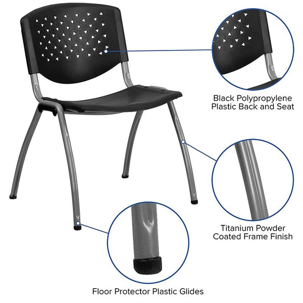 Flash Furniture HERCULES Series 880 lb. Capacity Black Plastic Stack Chair with Titanium Frame - RUT-F01A-BK-GG