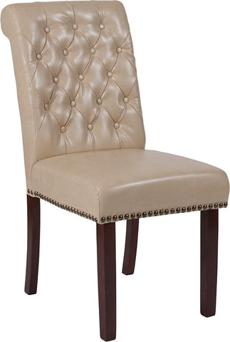 Flash Furniture HERCULES Series Beige Leather Parsons Chair with Rolled Back, Accent Nail Trim and Walnut Finish - BT-P-BG-LEA-GG