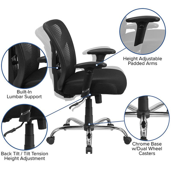 Flash Furniture HERCULES Series Big & Tall 400 lb. Rated Black Mesh Swivel Task Chair with Height Adjustable Back and Arms - GO-2032-GG