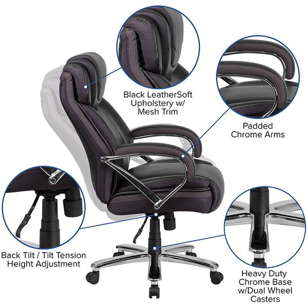 Flash Furniture HERCULES Series Big & Tall 500 lb. Rated Black Leather Executive Swivel Chair with Extra Wide Seat - GO-2092M-1-BK-GG