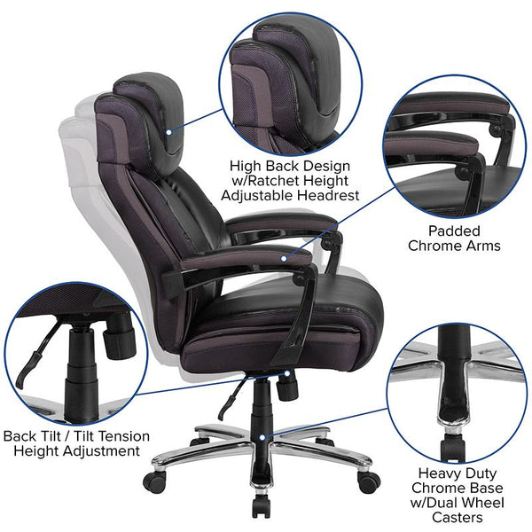 Flash Furniture HERCULES Series Big & Tall 500 lb. Rated Black Leather Executive Swivel Chair with Height Adjustable Headrest - GO-2223-BK-GG