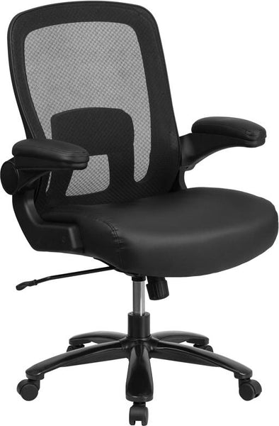 Flash Furniture HERCULES Series Big & Tall 500 lb. Rated Black Mesh Executive Swivel Chair with Leather Seat and Adjustable Lumbar - BT-20180-LEA-GG