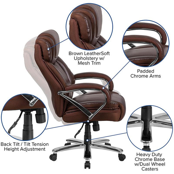 Flash Furniture HERCULES Series Big & Tall 500 lb. Rated Brown Leather Executive Swivel Chair with Extra Wide Seat - GO-2092M-1-BN-GG