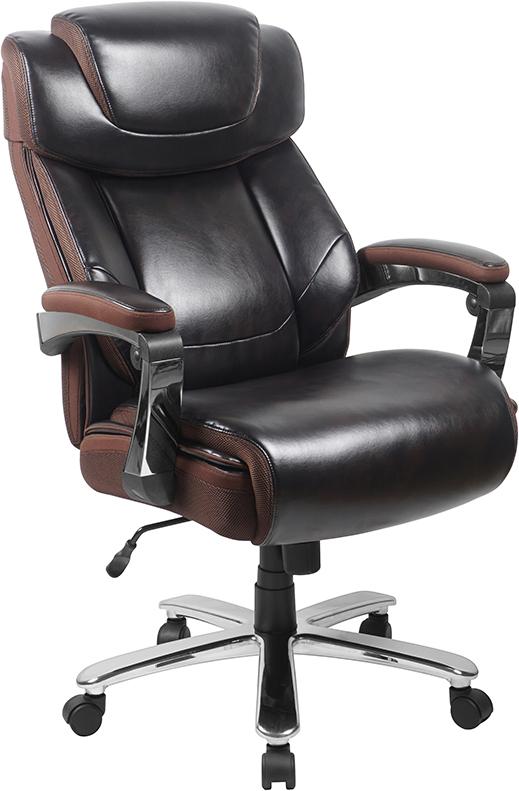 Flash Furniture HERCULES Series Big & Tall 500 lb. Rated Brown Leather Executive Swivel Chair with Height Adjustable Headrest - GO-2223-BN-GG