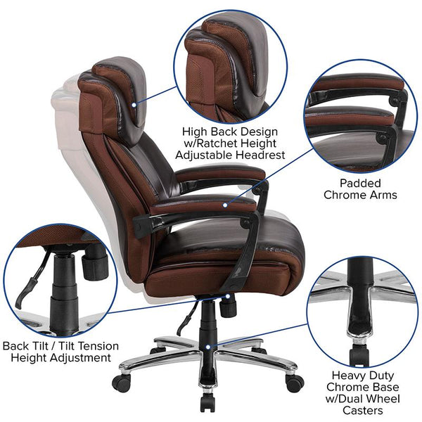 Flash Furniture HERCULES Series Big & Tall 500 lb. Rated Brown Leather Executive Swivel Chair with Height Adjustable Headrest - GO-2223-BN-GG