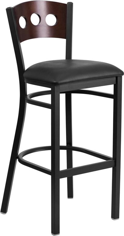 Flash Furniture HERCULES Series Black 3 Circle Back Metal Restaurant Barstool - Walnut Wood Back, Black Vinyl Seat - XU-DG-60516-WAL-BAR-BLKV-GG
