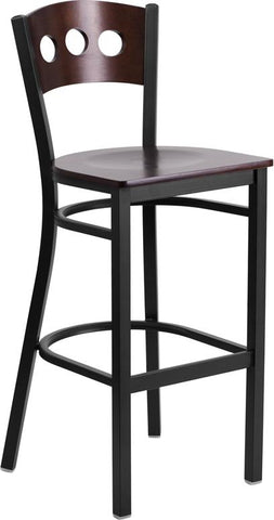 Flash Furniture HERCULES Series Black 3 Circle Back Metal Restaurant Barstool - Walnut Wood Back & Seat - XU-DG-60516-WAL-BAR-MTL-GG