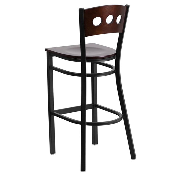 Flash Furniture HERCULES Series Black 3 Circle Back Metal Restaurant Barstool - Walnut Wood Back & Seat - XU-DG-60516-WAL-BAR-MTL-GG
