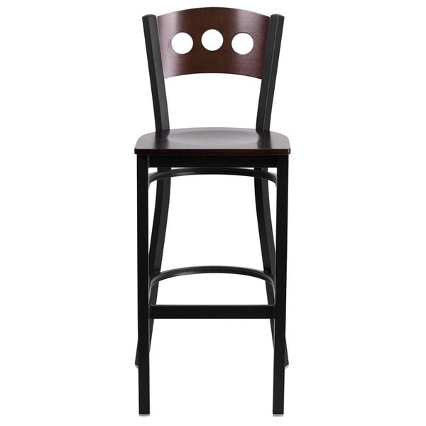 Flash Furniture HERCULES Series Black 3 Circle Back Metal Restaurant Barstool - Walnut Wood Back & Seat - XU-DG-60516-WAL-BAR-MTL-GG