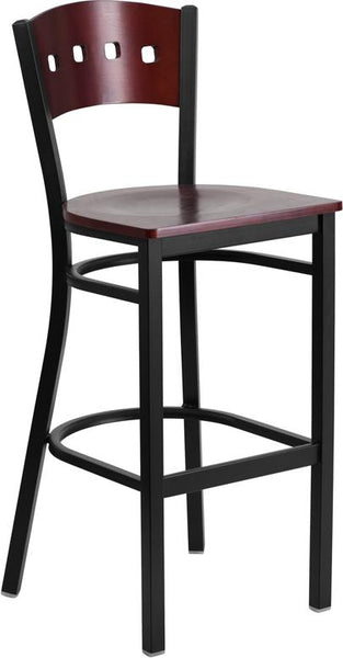 Flash Furniture HERCULES Series Black 4 Square Back Metal Restaurant Barstool - Mahogany Wood Back & Seat - XU-DG-60515-MAH-BAR-MTL-GG