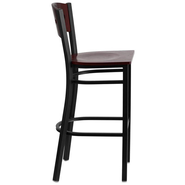 Flash Furniture HERCULES Series Black 4 Square Back Metal Restaurant Barstool - Mahogany Wood Back & Seat - XU-DG-60515-MAH-BAR-MTL-GG