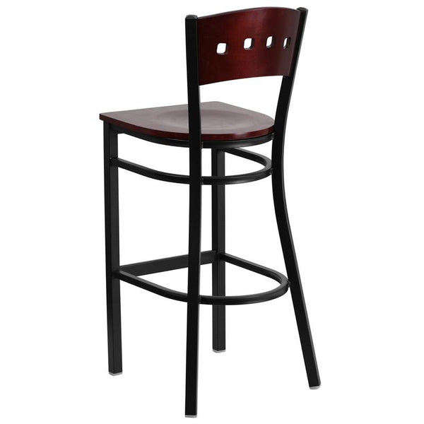 Flash Furniture HERCULES Series Black 4 Square Back Metal Restaurant Barstool - Mahogany Wood Back & Seat - XU-DG-60515-MAH-BAR-MTL-GG