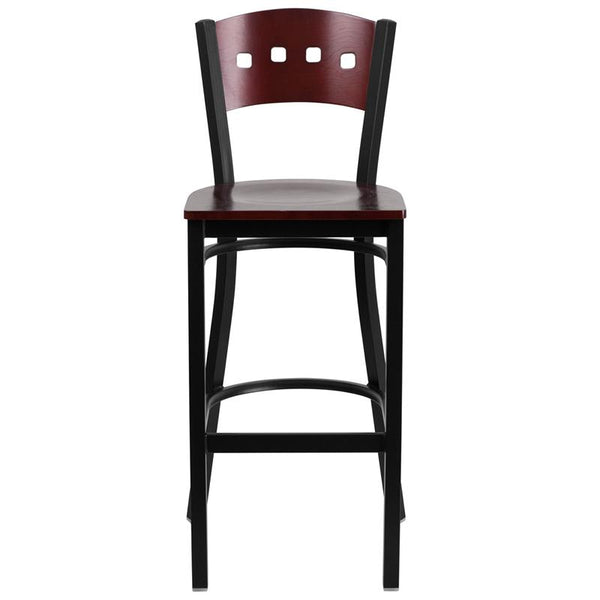 Flash Furniture HERCULES Series Black 4 Square Back Metal Restaurant Barstool - Mahogany Wood Back & Seat - XU-DG-60515-MAH-BAR-MTL-GG