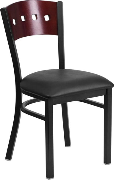 Flash Furniture HERCULES Series Black 4 Square Back Metal Restaurant Chair - Mahogany Wood Back, Black Vinyl Seat - XU-DG-6Y1B-MAH-BLKV-GG